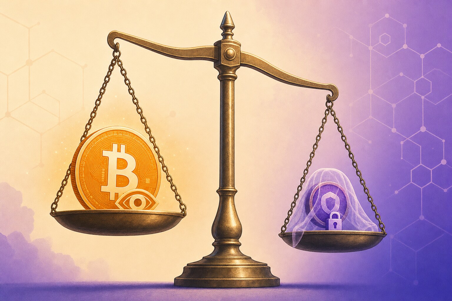 Tradeoffs of Silent Payments — a balance scale weighing privacy against the slow blockchain scan required to receive payments