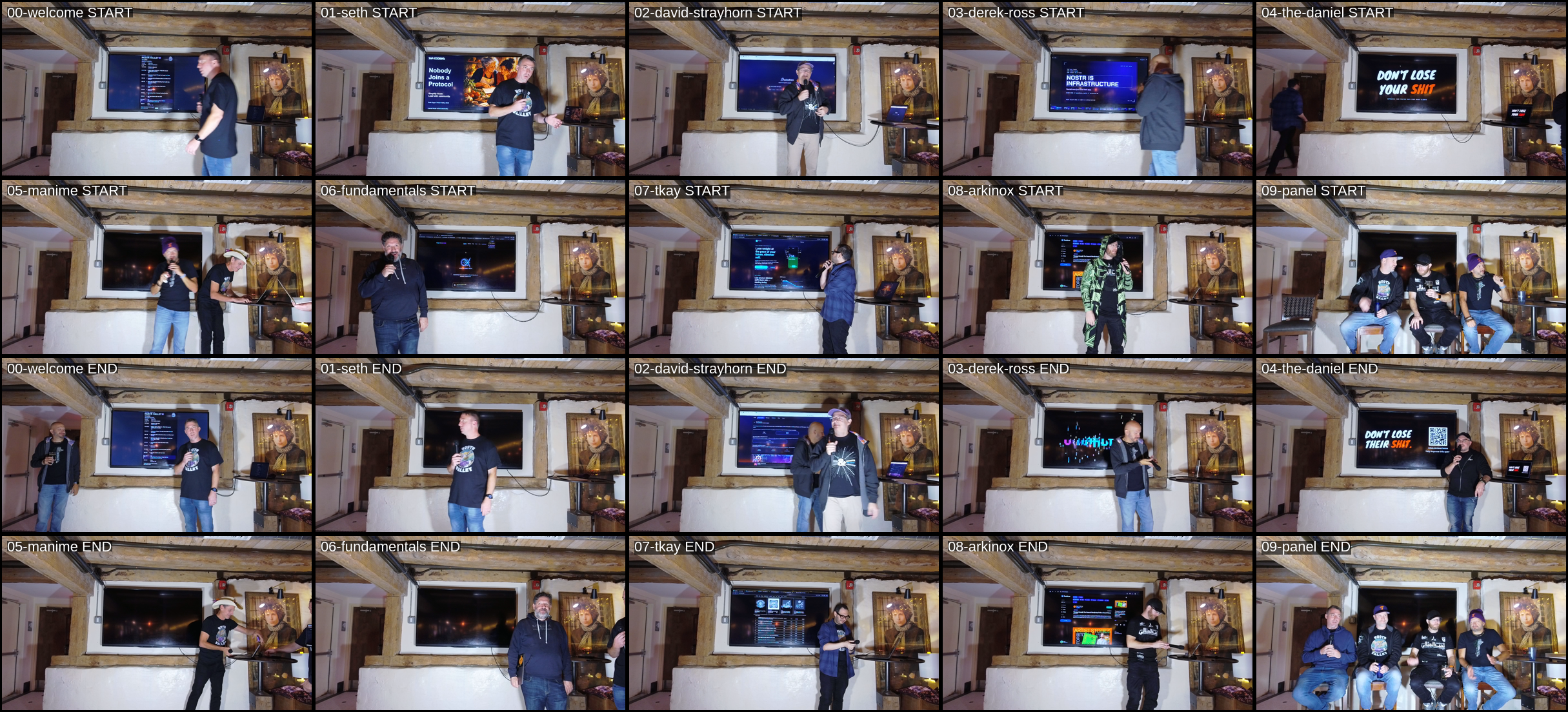 A grid of twenty labeled video frames showing the start and end of each Nostr Valley session, with each speaker on stage