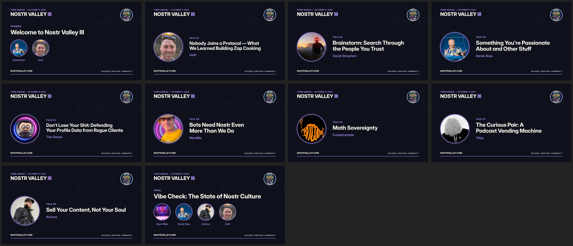 A grid of ten Nostr Valley III speaker cards, each with the speaker's circular profile photo, name and talk title on a dark navy background