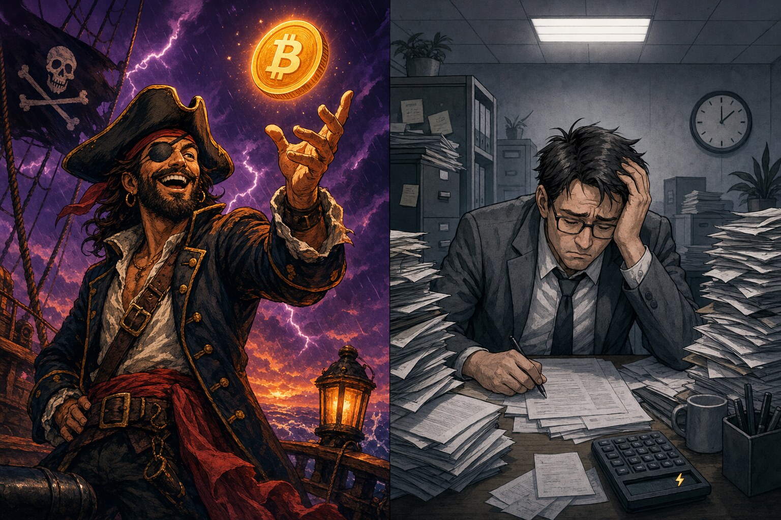 Pirate versus accountant — Bitcoin's freedom-money UX (a pirate with a treasure chest) contrasted with Lightning's tedious bookkeeping (an accountant buried in spreadsheets)