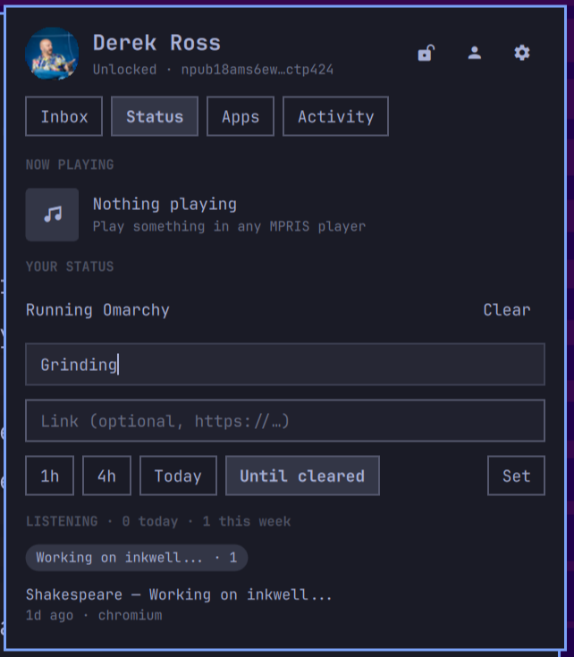 The Status tab: now playing, a status with an expiry, and this week's listening