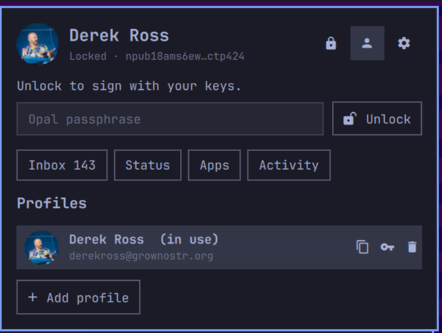 Opal locked: the panel asks for the passphrase before it will sign