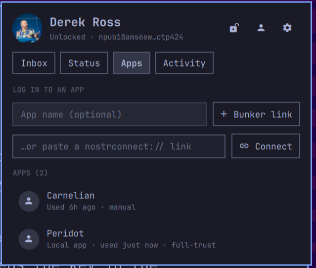 The Apps tab: a bunker link button, a nostrconnect field, and Carnelian and Peridot listed with their policies