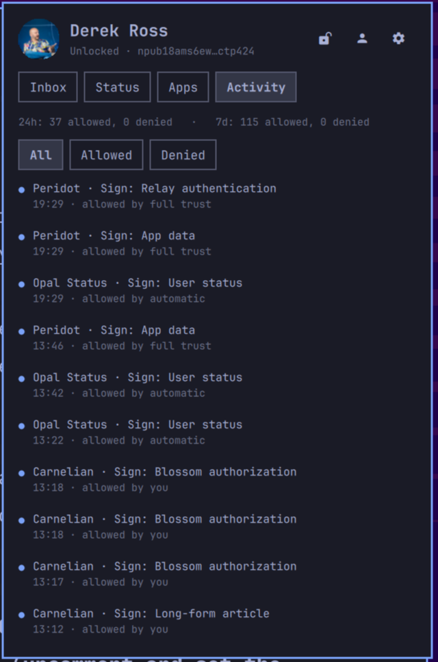 The Activity tab: Peridot, Opal Status and Carnelian signatures, each marked allowed by full trust, automatic, or you