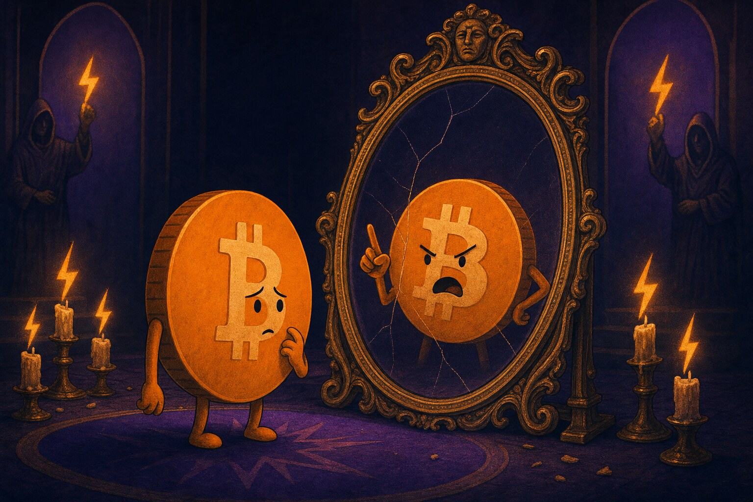 Bitcoin maximalist self-hatred — a figure wrapping Bitcoin in chains and ceremonial rules, suppressing its native simplicity