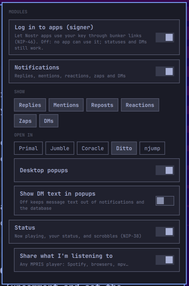 Opal's settings: the signer, notifications and status modules, each with its own switch