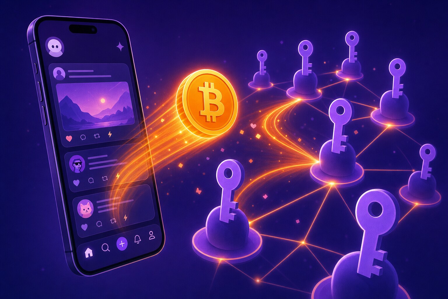 Ditto 2.12 wallet sending Bitcoin directly between Nostr addresses — an onchain zap flowing from one cryptographic identity to another, no Lightning required
