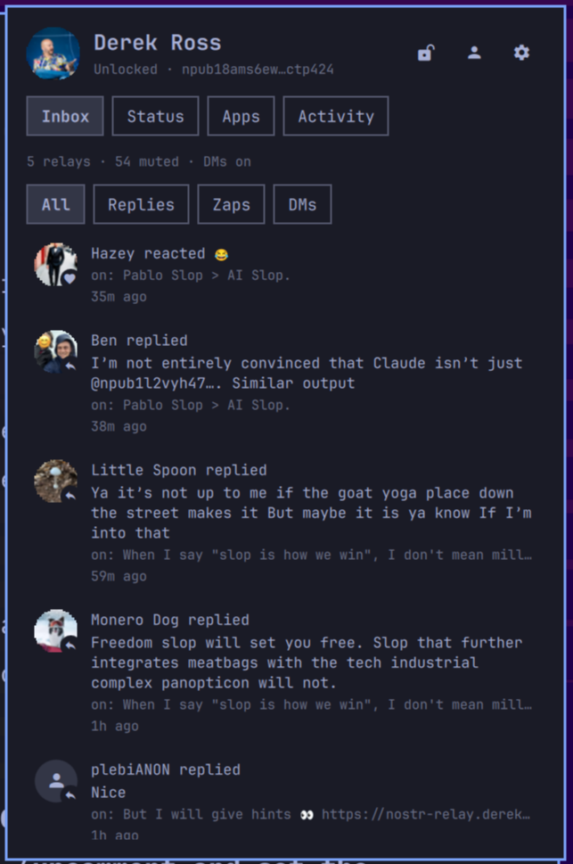 The Inbox: reactions and replies from five relays, with filters for replies, zaps and DMs